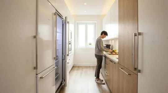 Personne utilisant une cuisine étroite en couloir avec réfrigérateur encastrable intégré dans les meubles blancs et bois clair